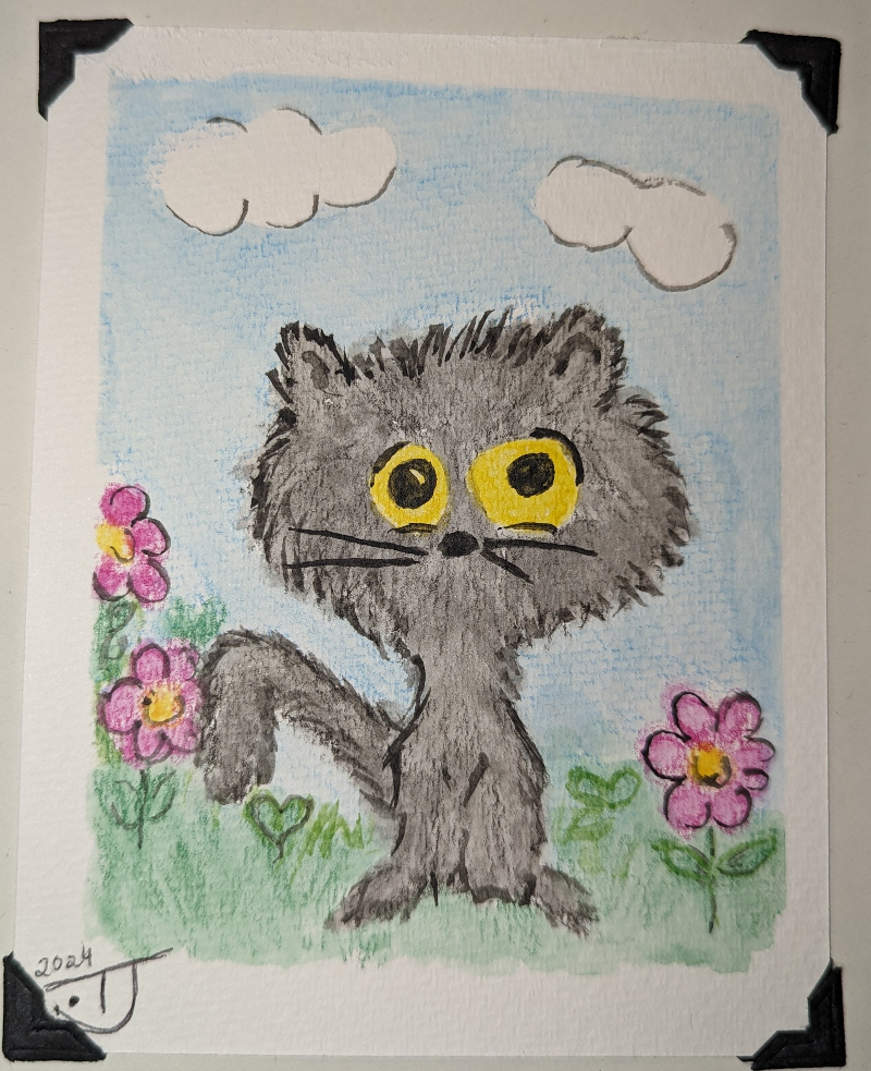 Watercolour painting black cat in the style of Maud Lewis, influenced by Bill the Cat